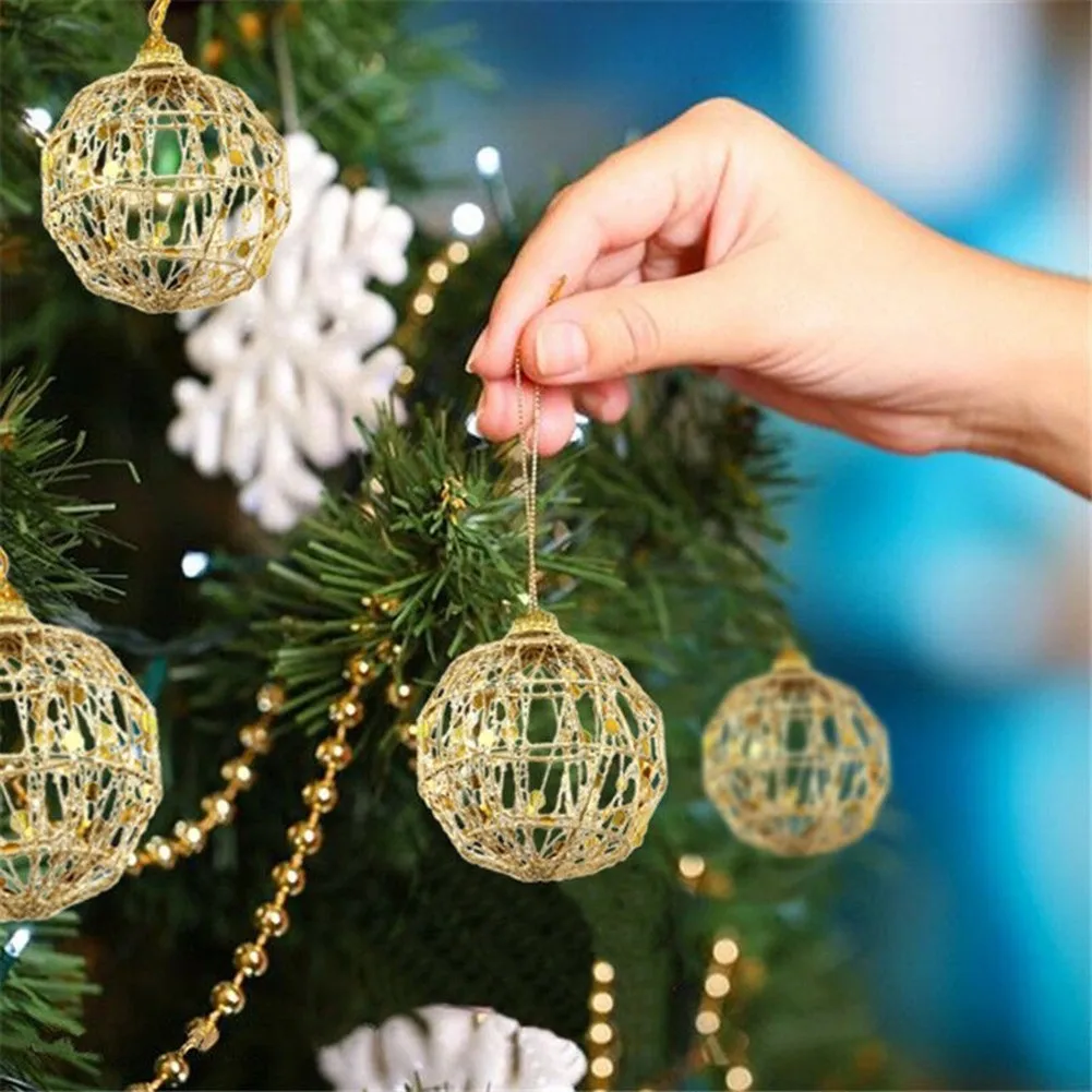 

6 PCS Christmas Tree Gold Ball Decorations Glittering Baubles Hanging Pendant For Home Xmas Party Ornament Wire 5 Or 6cm