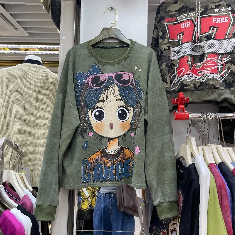 American Style Casual Rhinestone Cartoon Girl Oversized Sweatshirt Women's Loose Slimming Pullover 2025 Autumn New Kawaii Jacket