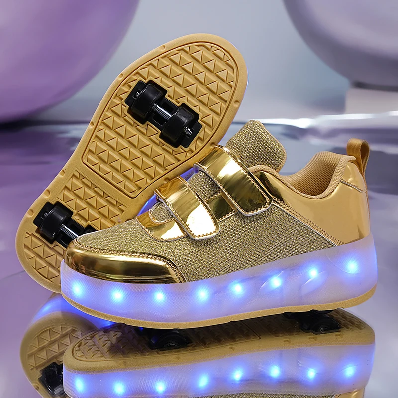 Black Gold Outdoor Sneakers Sports Roller Skating Shoes For Kids Flashing Four-wheel Boys Girls Shoes Led Light Middle Big Kids