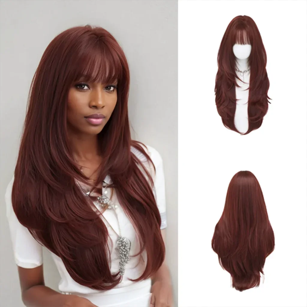 La frangia riccia lunga sintetica ondulata marrone-nero di alta qualità è adatta per le parrucche naturali soffici resistenti al calore per le feste quotidiane delle donne