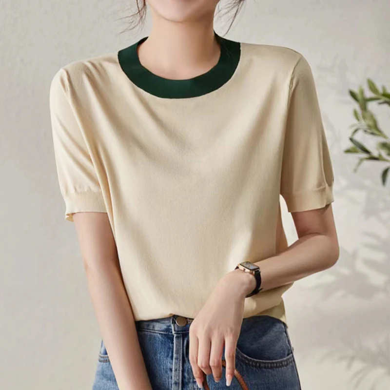 

Elegant T Shirt Women Summer Tops Camisetas Mujer Tee Shirt Femme Contrast Colour Knitted Short Sleeve Womens Clothing T Shirts