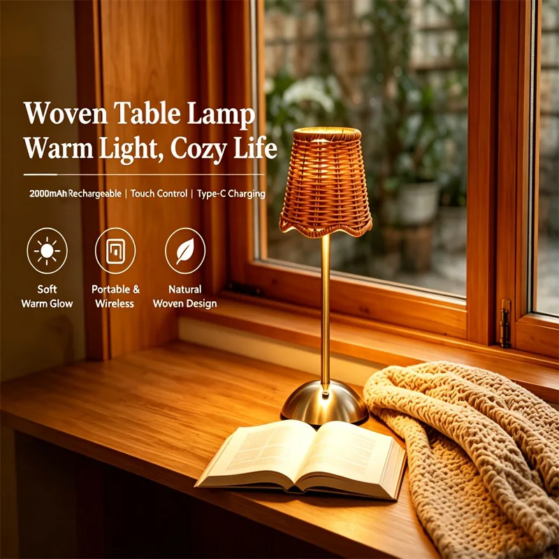 Bohemian Woven Rattan Art Table Lamp 3-Level Dimmable Touch Control USB Metal Bedroom Living Room Study Dining Room Lighting Gift for Family Friends