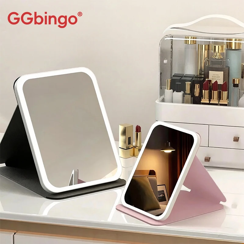 GGbingo USB Rechargeable 3 Colors LED Makeup Mirror Pocket Mirror Touch Dimmable 3 Brightness Foldable for Travel Office Home