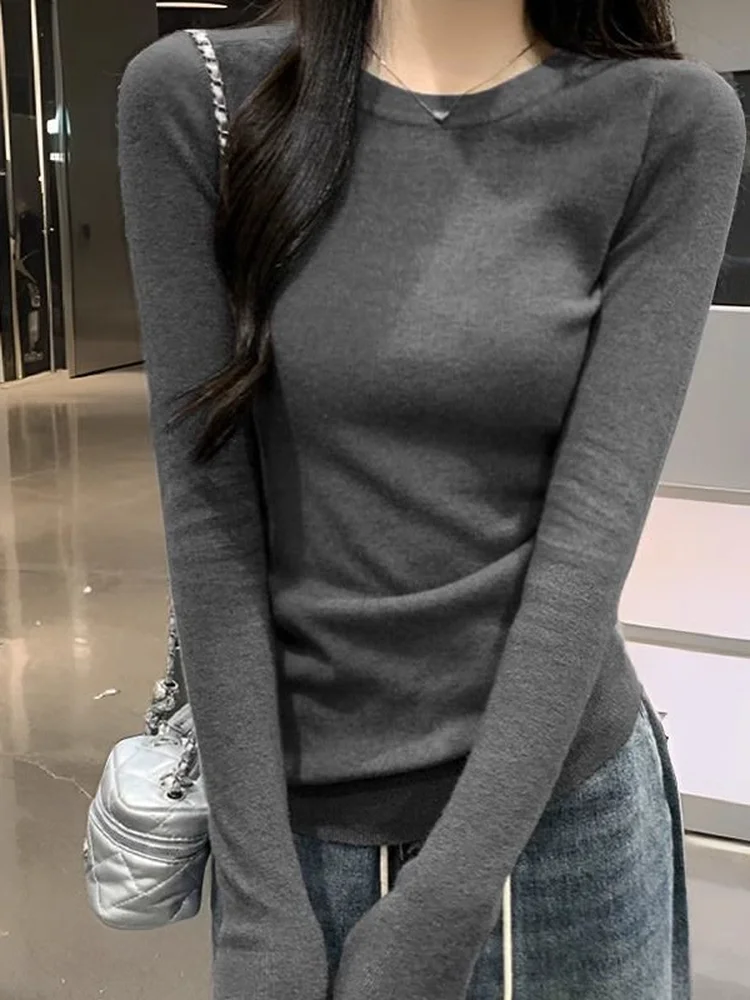 

Spring/Autumn Cotton Slim Fit T-shirt - Structured Shoulder Ribbed Long Sleeve Top with Tucked Waist