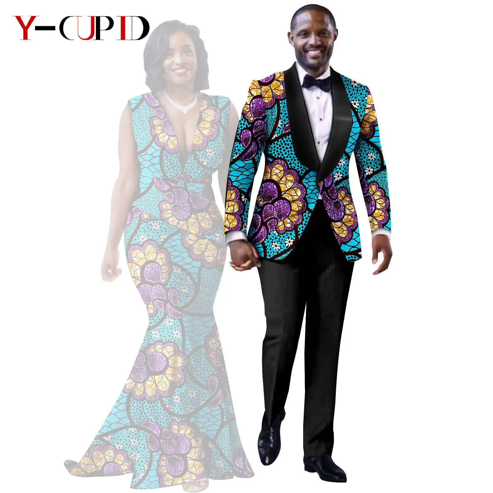 African Print Long Mermaid Dresses for Women Matching Couple Clothes Men Suits Top and Pant Sets Dashiki Party Wedding 25C005