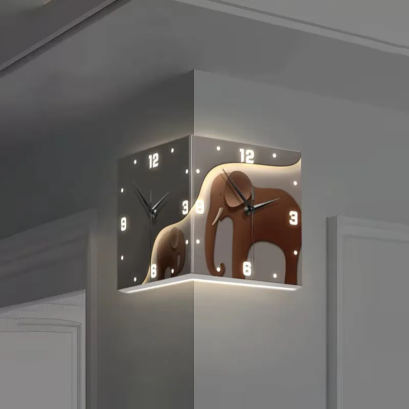Elephant Pattern Corner Double-sided Wall Clock (Pointer Style) Acrylic Silent Clock Suitable for Living Room