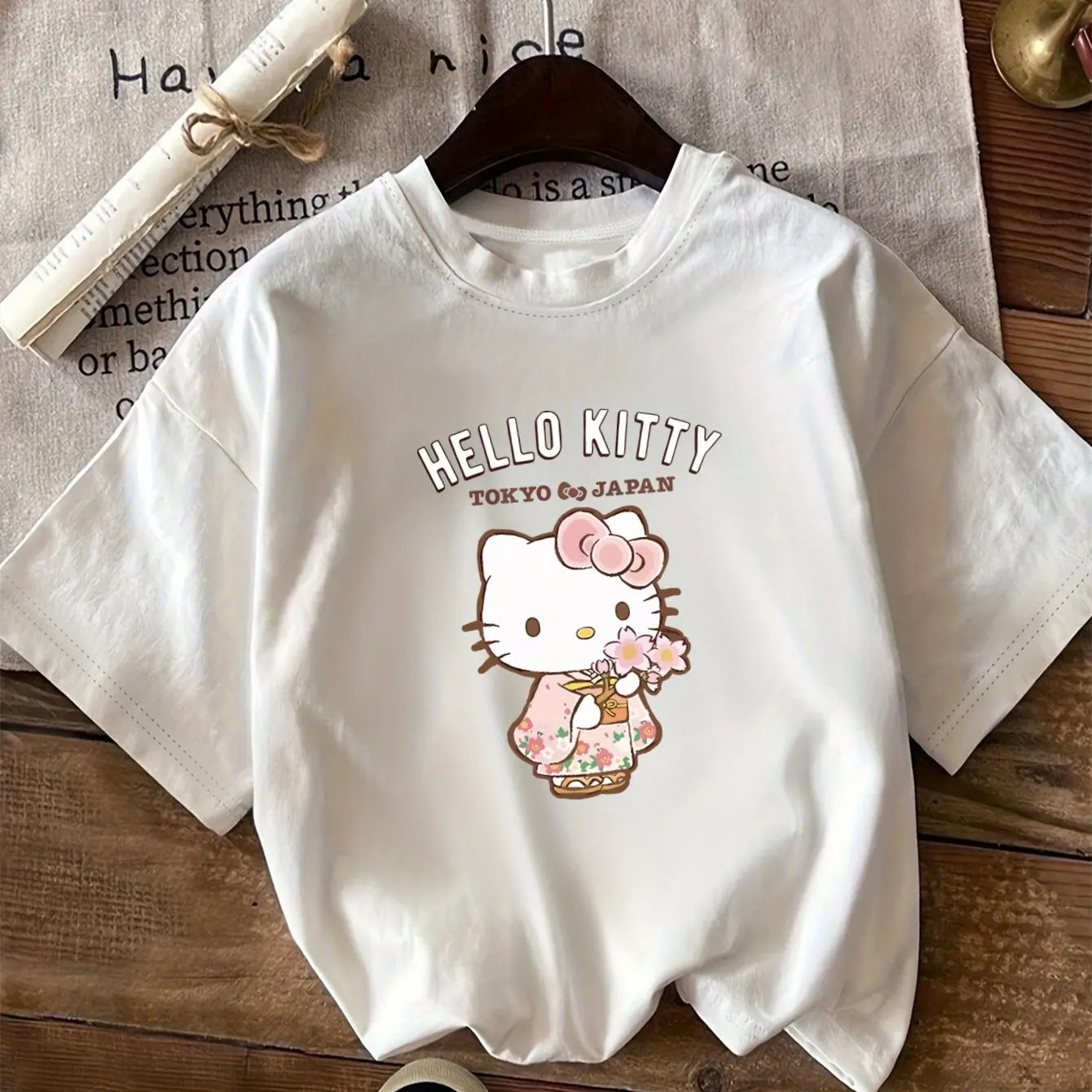 

Women'S Casual "for Hello Kitty" Graphic T-Shirt Short Sleeve Round Neck Light Gray with Colorful Floral Design