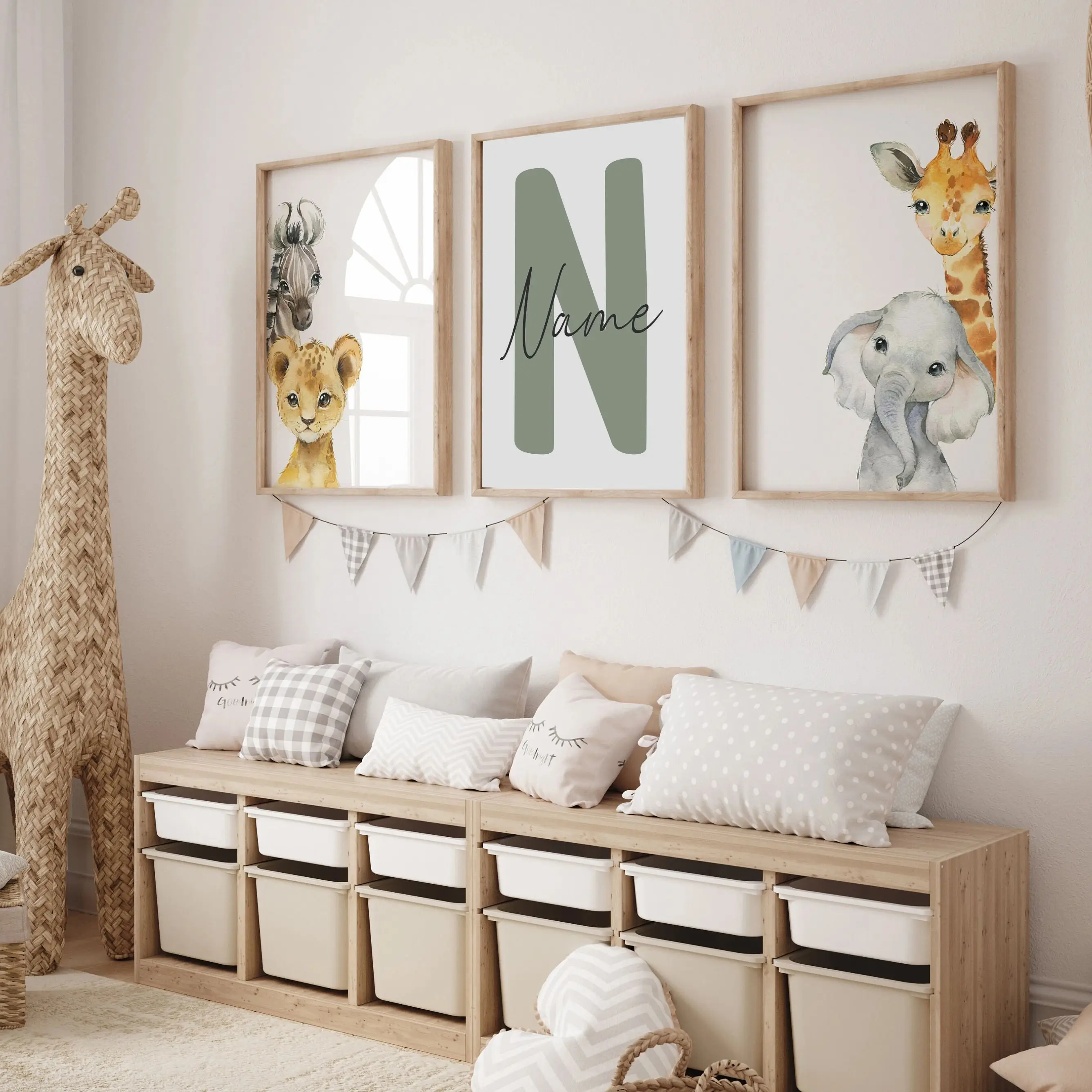 Custom Set of 3 Safari Animal Nursery Decor Wall Art Print Personalized name Jungle Animal Lion Elephant Giraffe Zebra decor