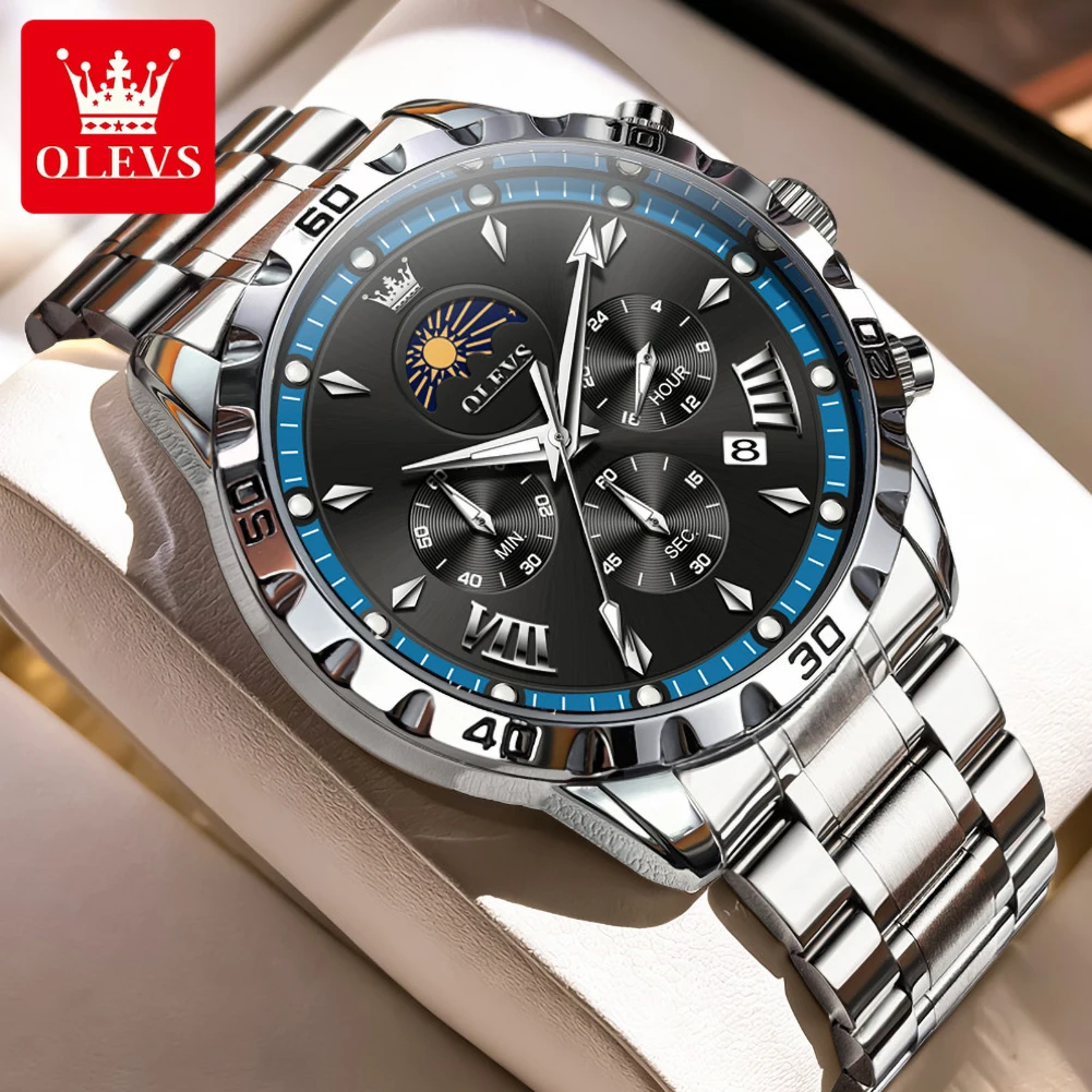OLEVS Men's Watch Original Solid Steel Strap Quartz Watches for Man Moon Phase Chronograph Date Waterproof Luxury Man Watch 2949