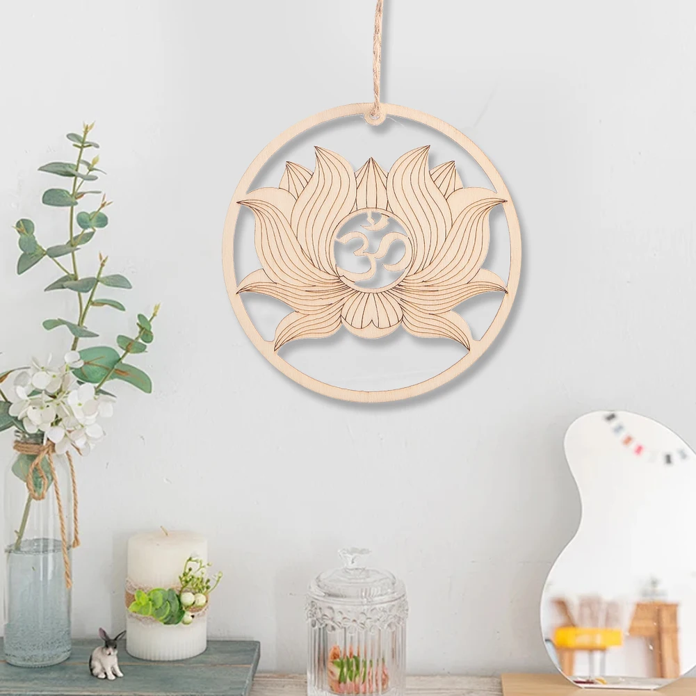 Wooden Wall Sign Round Lotus Flower Pendant Laser Cut Wooden Art Carving Crafts Family Living Room Wall Sacred Geometry Ornament