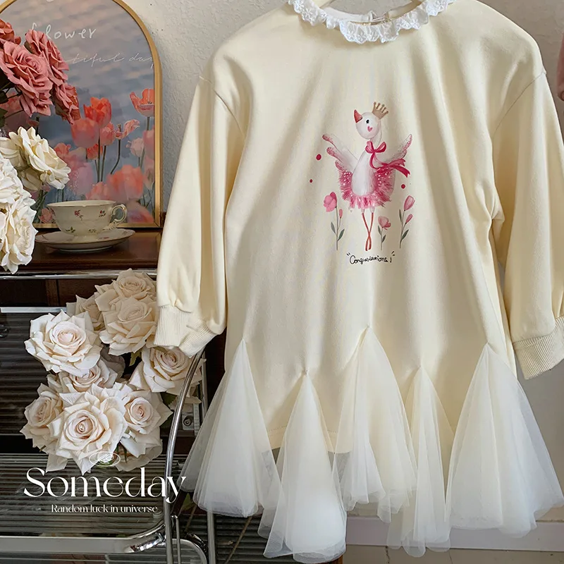 

Fashionable Girl Mesh Stitching Long Sleeves Dress2024Spring Girls Sweatshirt Dress Children's Leisure Loose Long DressChangx