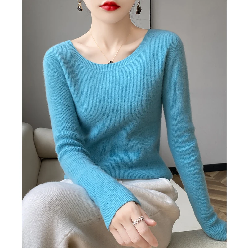 Autumn and winter new 100% pure wool cashmere sweater O-neck fashion slim pullover solid color long sleeve with bottoming shirt