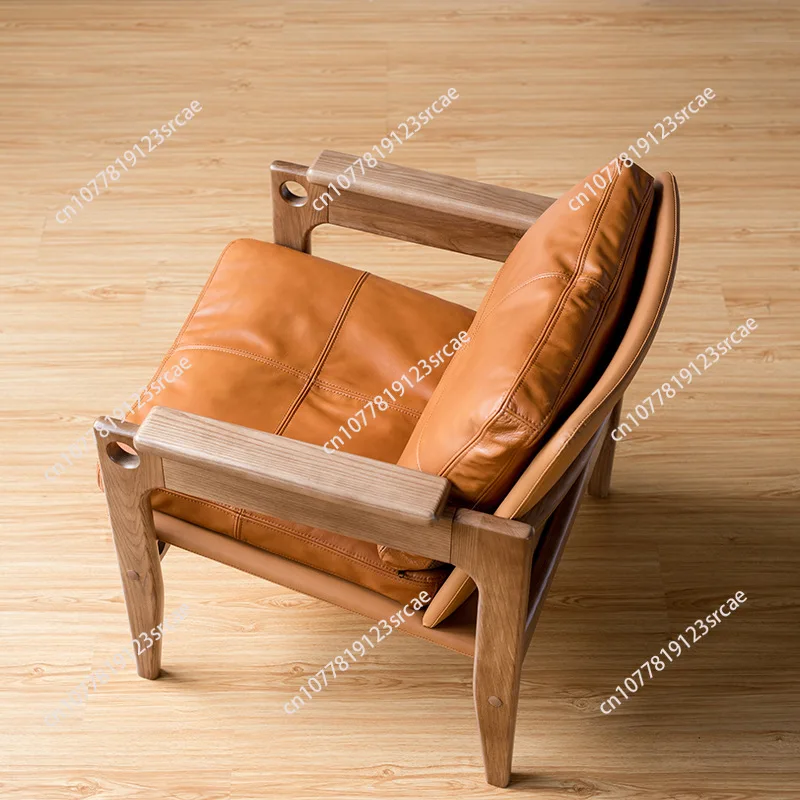 Nordic designer solid wood leisure chair - home living room backrest armrest genuine leather far mountain relaxation sofa chair