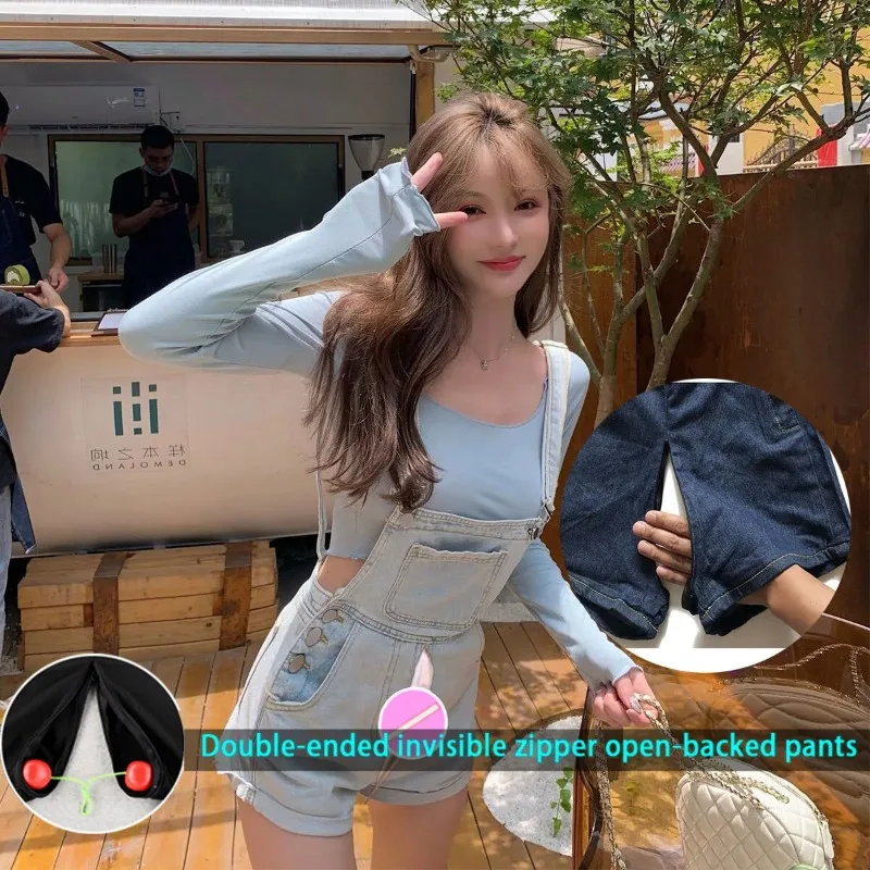 Outdoor Open Crotch Sex Pants Exotic Hotpants Women Boyfriend Ripped Jeans Peach Hip Denim Y2k Jumpsuit Playsuit Rompers Clothes