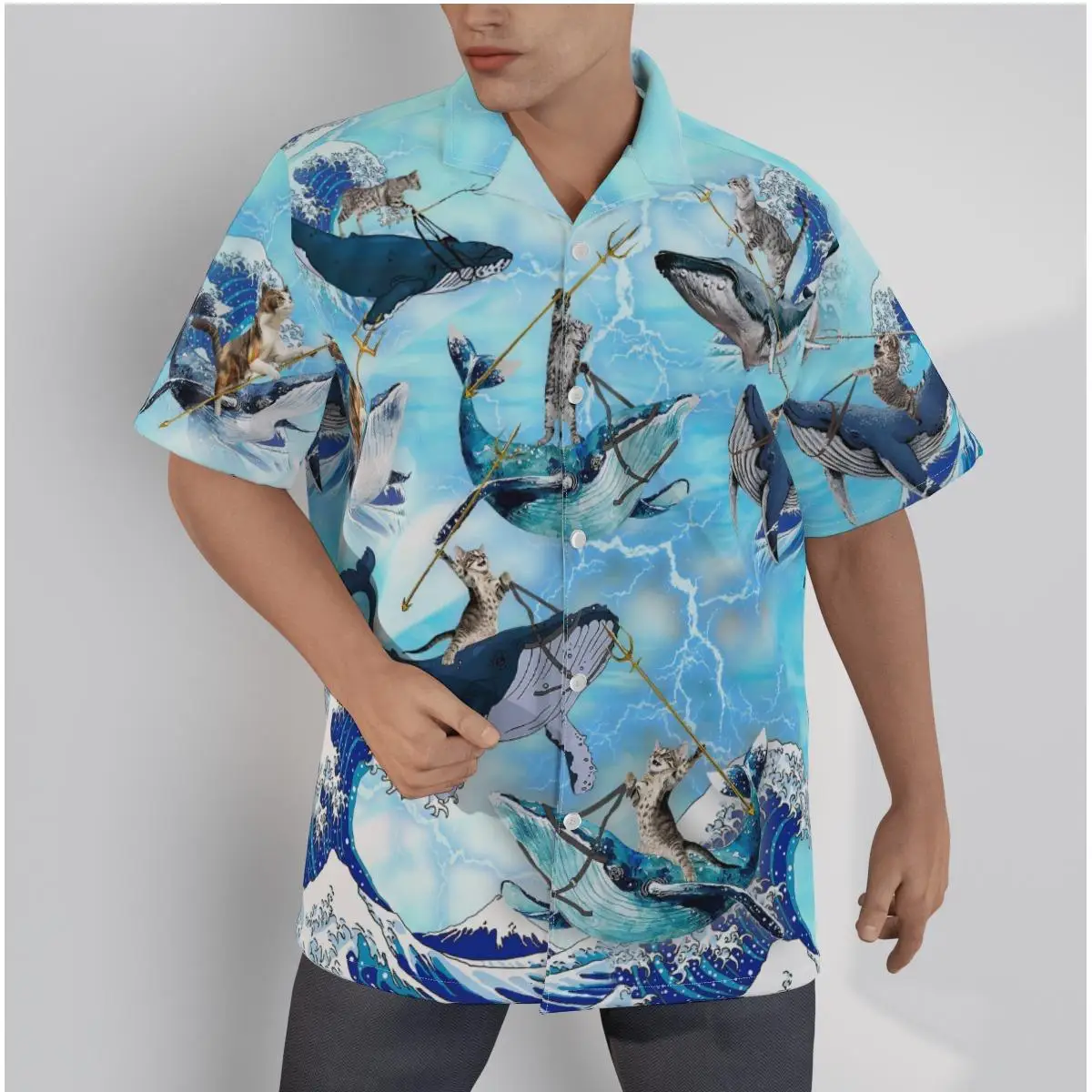 Hawaiian Shirts for Men Cool Sea Whale and cat Print Beach Short Sleeve Summer Casual Button Up Tops 3D Shirts