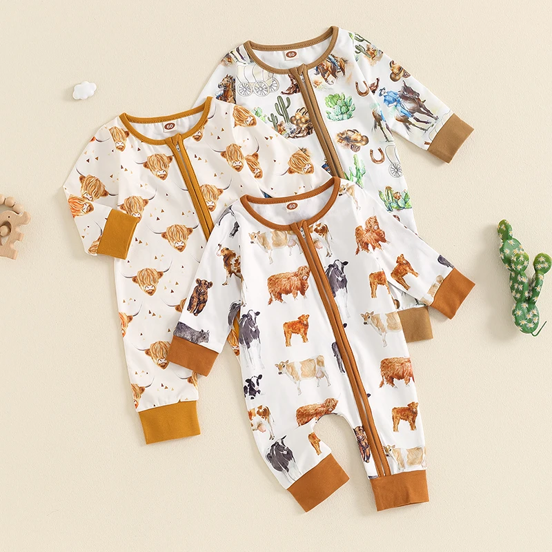 2024-05-24 Lioraitiin Baby Boys Jumpsuit, Long Sleeve Cow Horse Print Zipped Casual Fall Newborn Romper Clothes