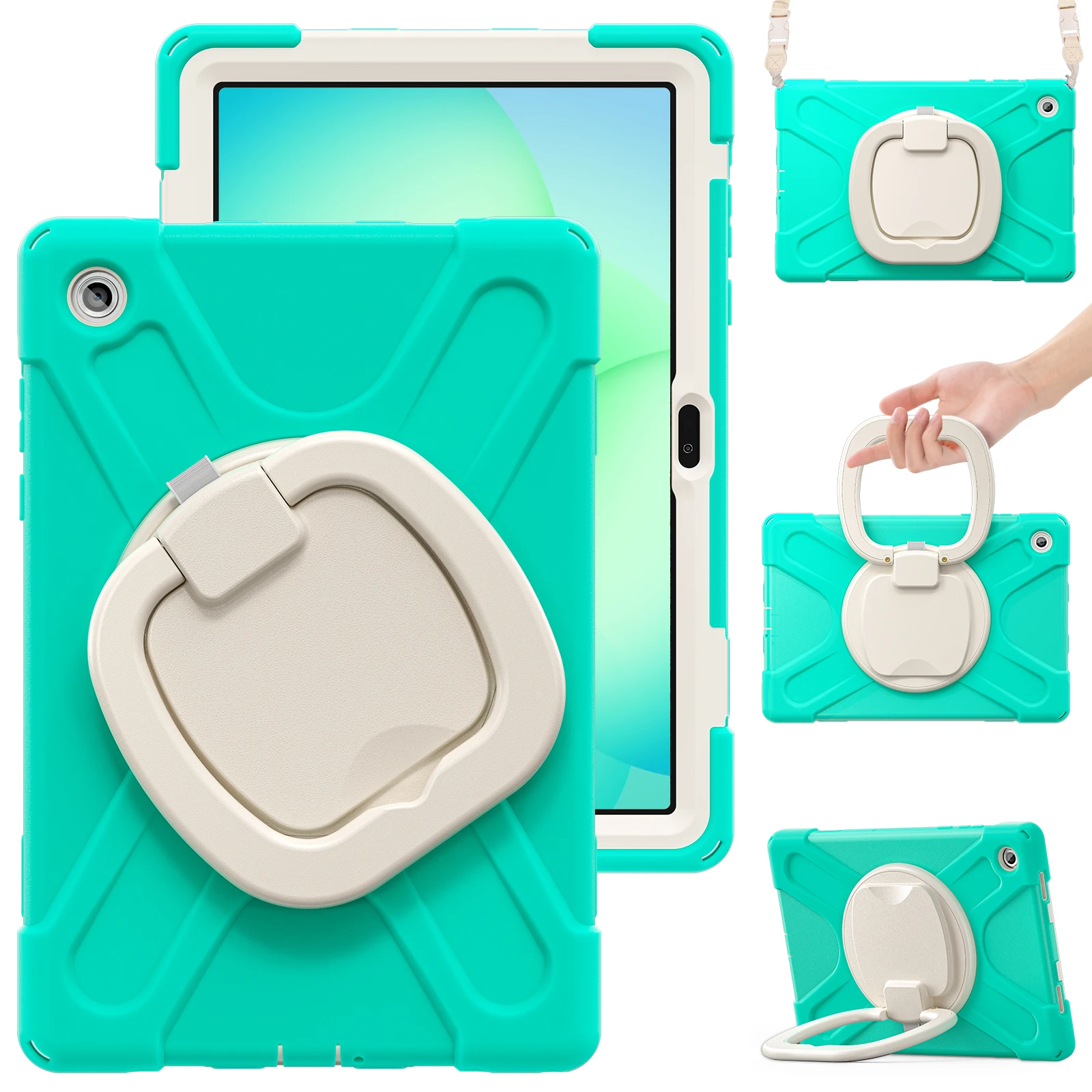 

For Samsung Galaxy Tab A11+ Kickstand Case with Shoulder Strap TPU + PC + Silicone Tablet Cover - Mint Green