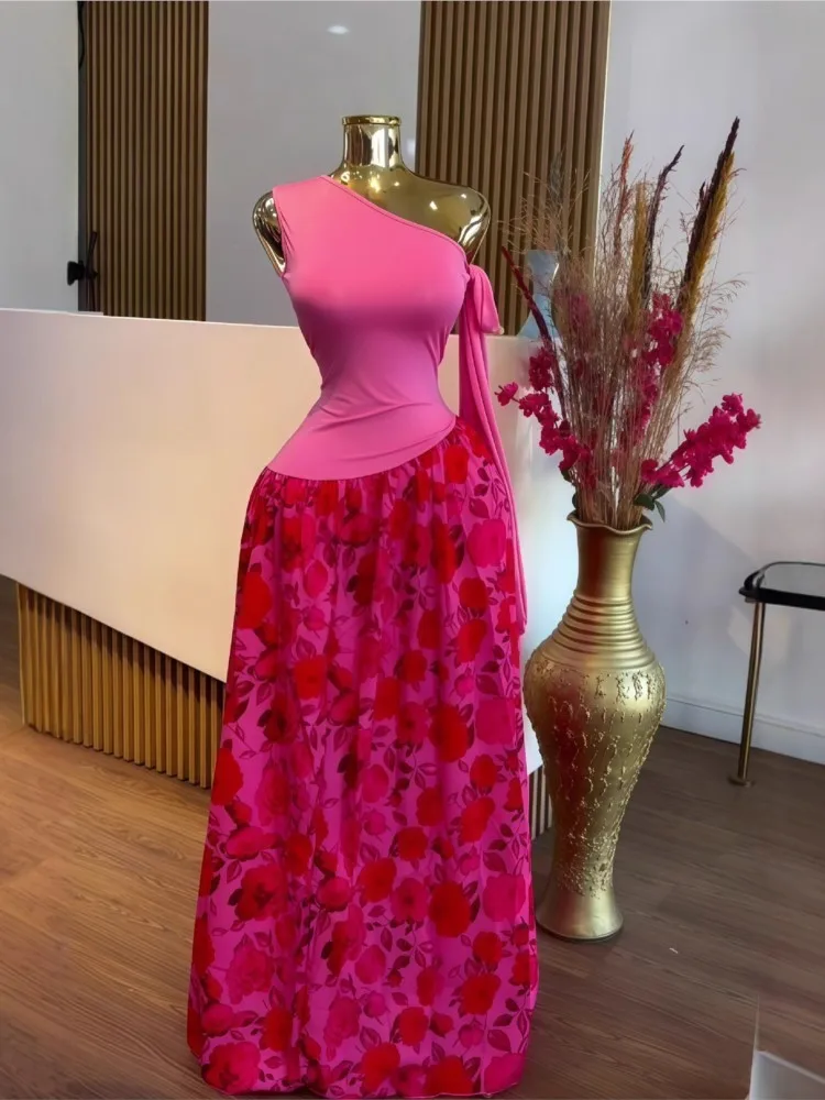 2025 Elegant Dress Temperament Vestidos Commuting Long Dresses Off Shoulder Patchwork Printing Strap Skew Collar Slim Sleeveless