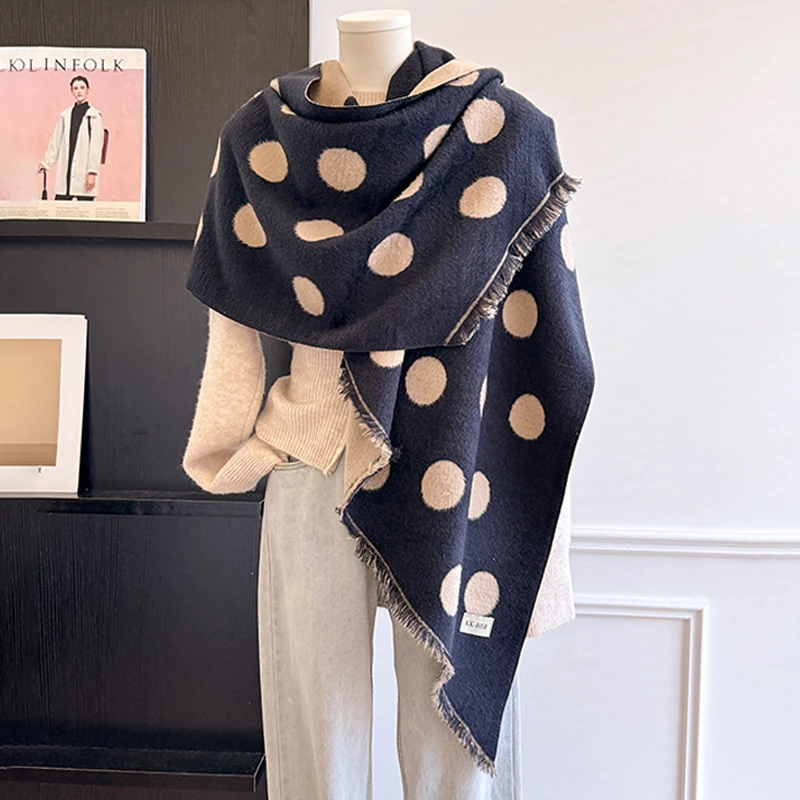 Damen-Kaschmirschal der Luxusmarke 2025, warmer Winter-Pashmina-Schal mit Quasten, gestreift und gepunktet, bedruckt, Foulard und Poncho – Detail 12