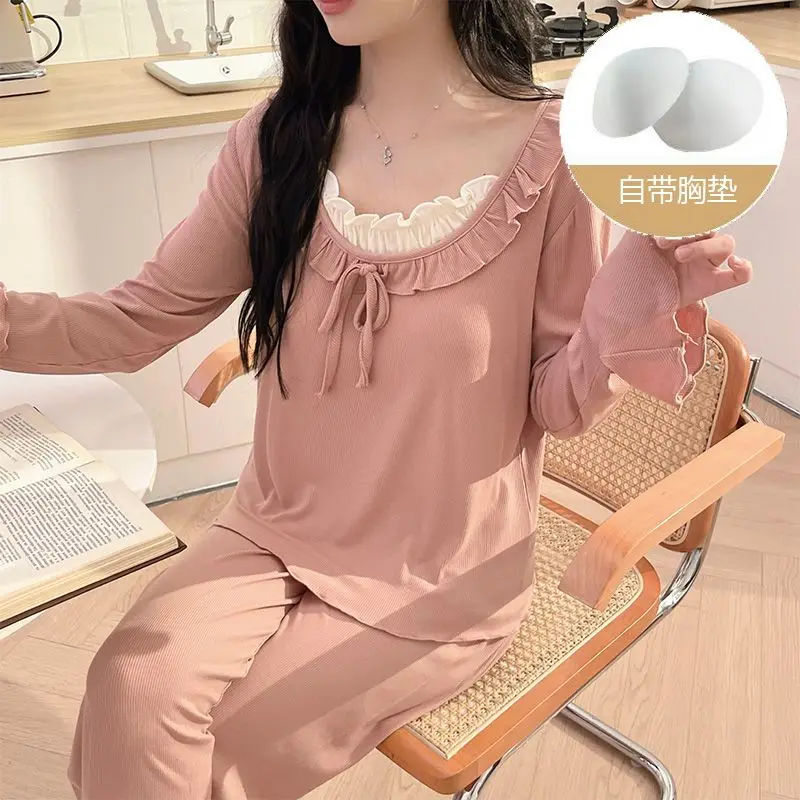 أطقم بيجامات قطنية مشروط بأكمام طويلة لربيع وخريف 2026 للنساء ملابس نوم كورية لطيفة بفيونكة ملابس منزلية ملابس بيجاما موهير #5