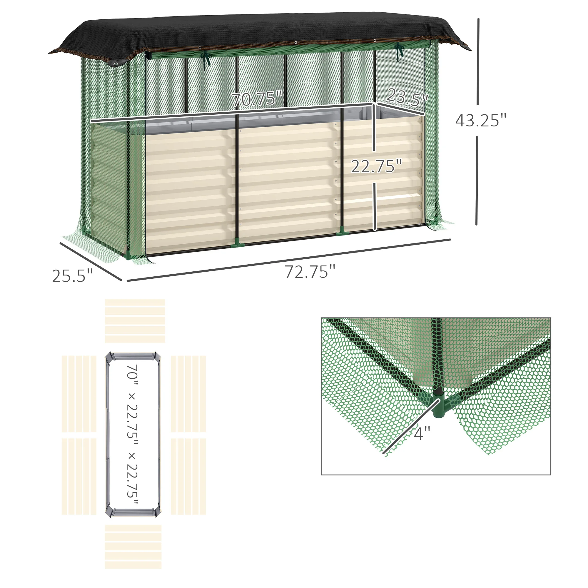 Galvanized Raised Garden Bed with Crop Cage & Shade Cloth, Beige - view 3