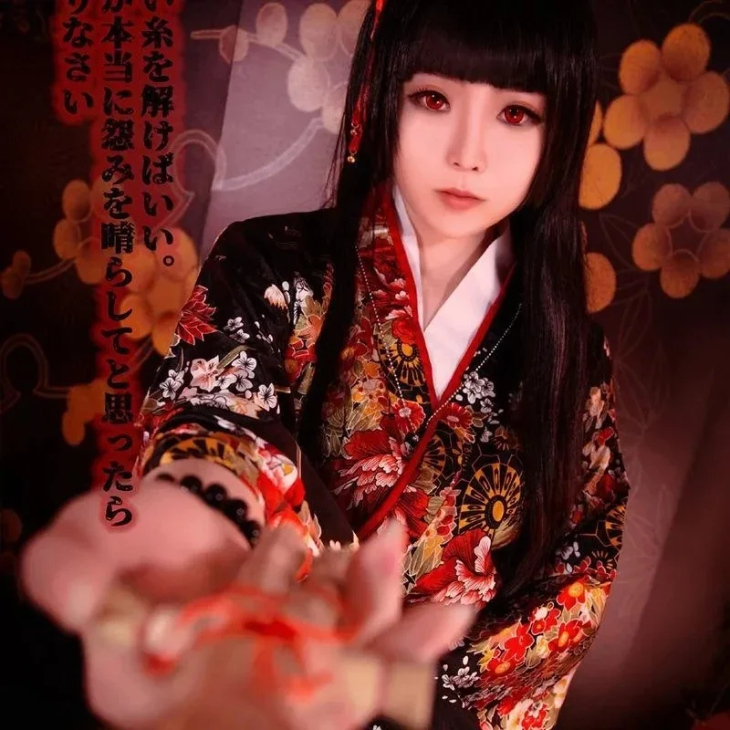 Kimono Jigoku Shoujo Enma Ai vestido de sirvienta Yukata uniforme traje japonés Anime Cosplay disfraces Kimono bata con Obi