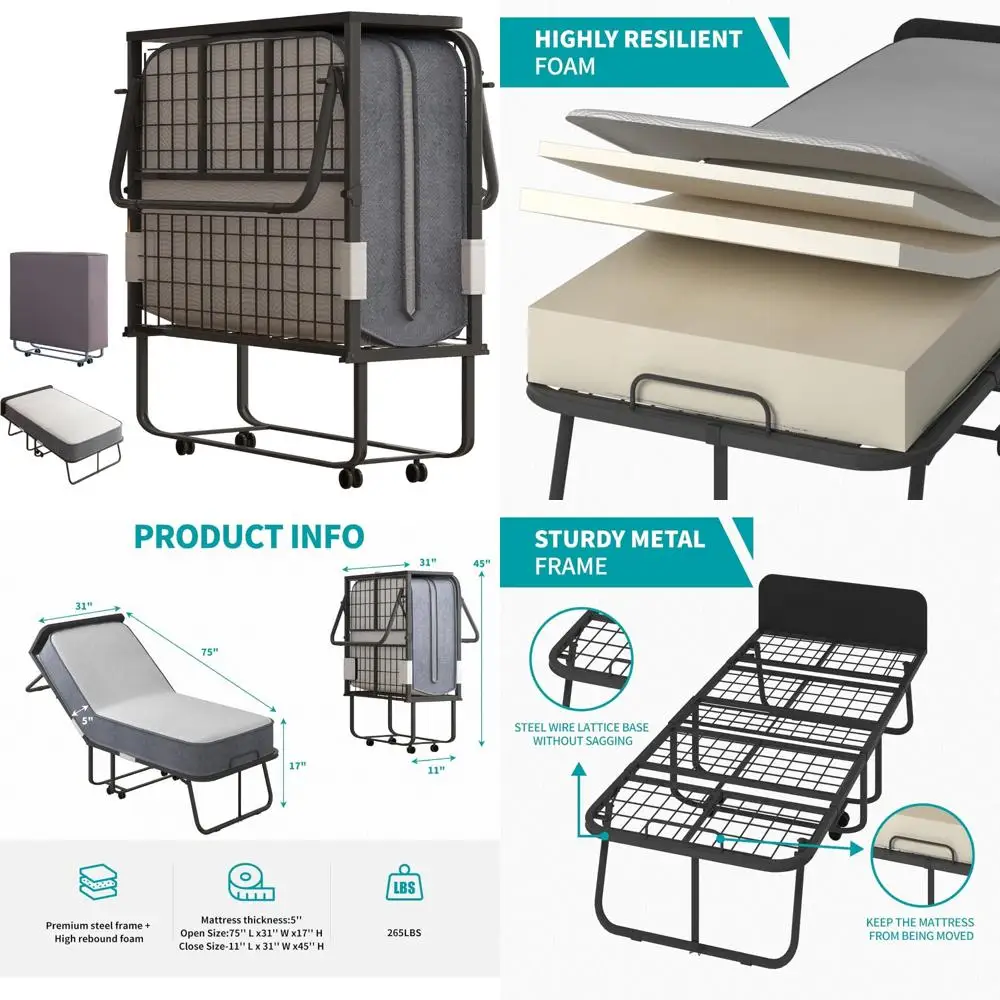 Portable Rollaway Bed with Mattress, 75 x 31 Folding Guest Bed, Headboard, Dustproof Cover, 5 Rebound Mattress for Comfortable S