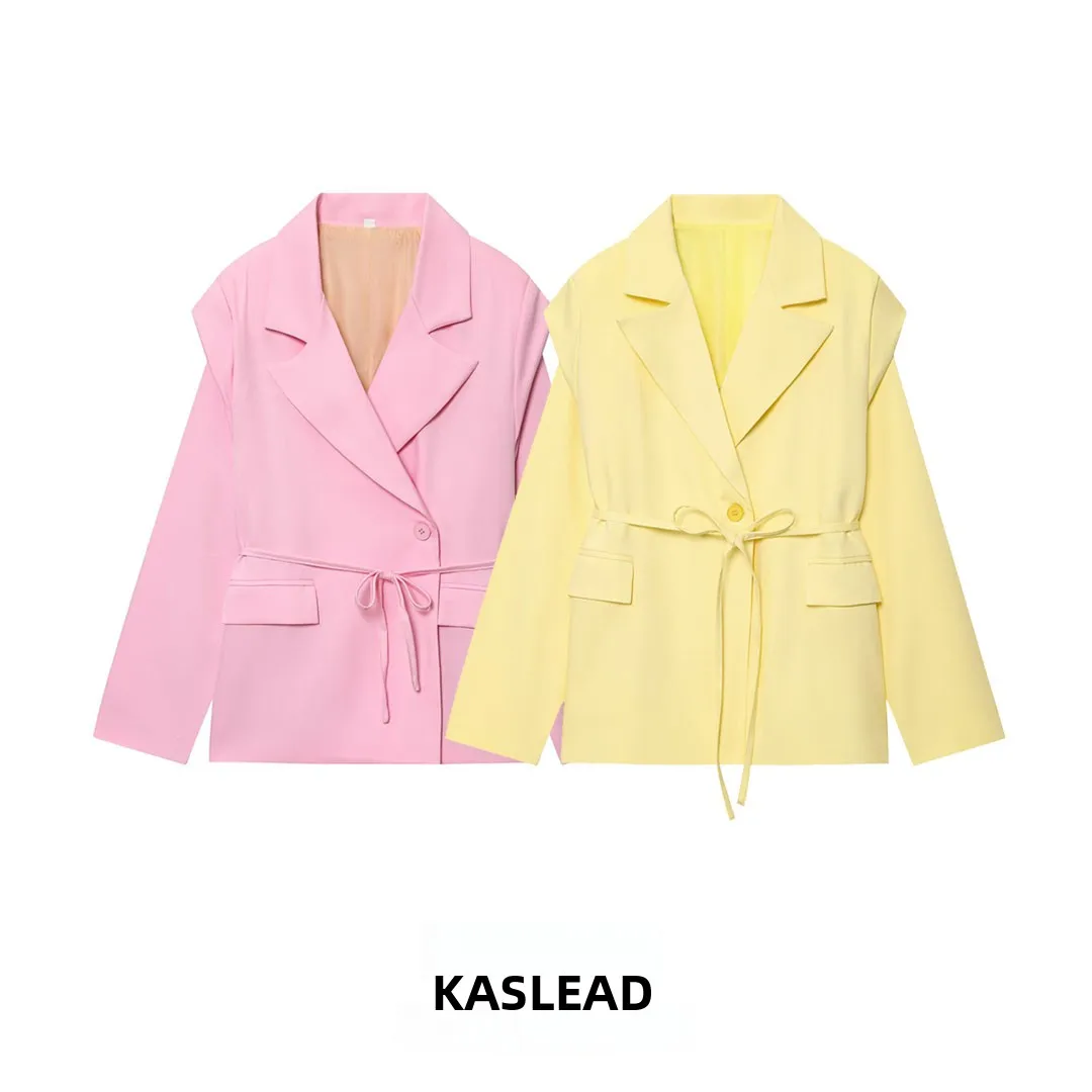 

KASLEAD Faionable Wide oulder Belted Tailored Jaet Women's Sli Outerwear Long Sve Button Closure Polyester
