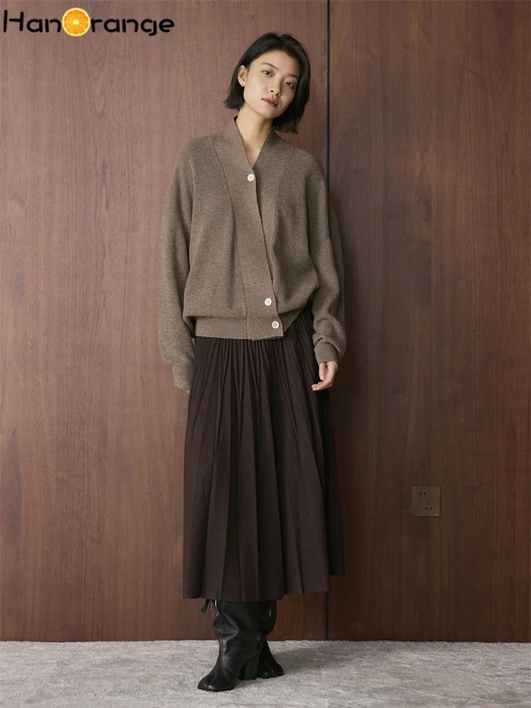 Rok Panjang Wanita HanOrange 2025 Musim Dingin Retro High Waist Model Lipit Longgar A-line Hitam/Abu-abu Tua/Cokelat