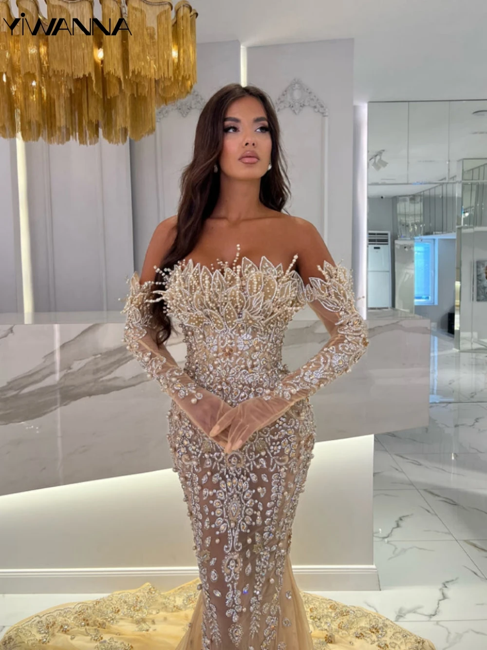 Elegant Off The Shoulder Evening Dress Sequined Crystal Beads Cocktail Gown Luxury Mermaid Prom Dress Customized Robe De Mariée