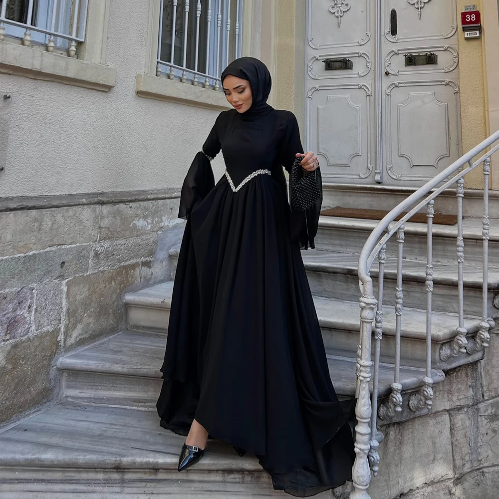 

Black Evening Dresses Hijab Long Flare Sleeve High Neck Elegant Prom Dress Wedding Party Dress Customized فساتين سهرة