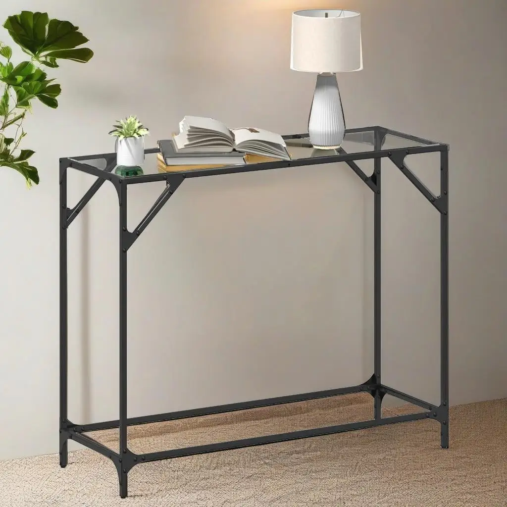 Modern Console Table with Clear Glass Top - 98x35x81 cm Durable Steel Frame