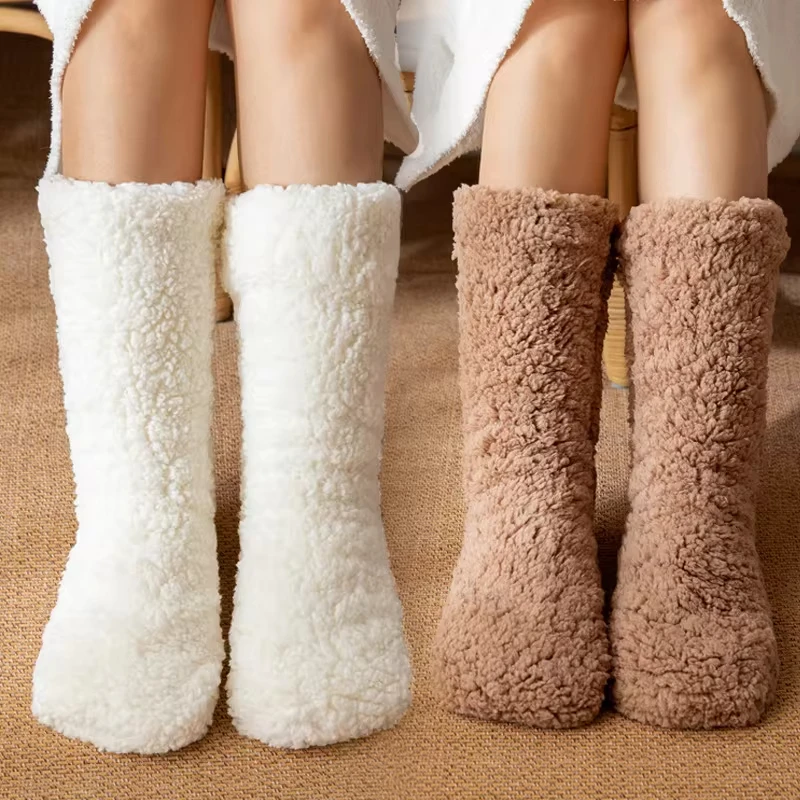 Floor Socks Women Autumn And Winter Velvet Coral Fleece Socks Sleep Home Slippers Snow Socks Confinement Solid Color Socks