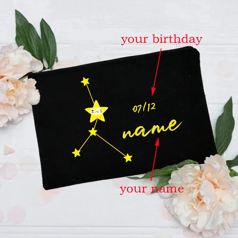 Twelve Constellation Customized Name Birthday Cosmetic Bag Canvas Storage Pouch Black Zipper Pen Case Personalized Birthday Gift