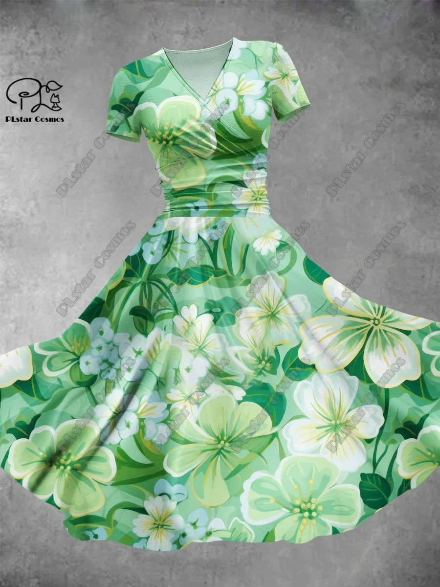 PLstar Cosmos 3D imprimé nouveau floral vert série V-cou à manches courtes robe A-ligne longue robe d'été décontracté mode S-1