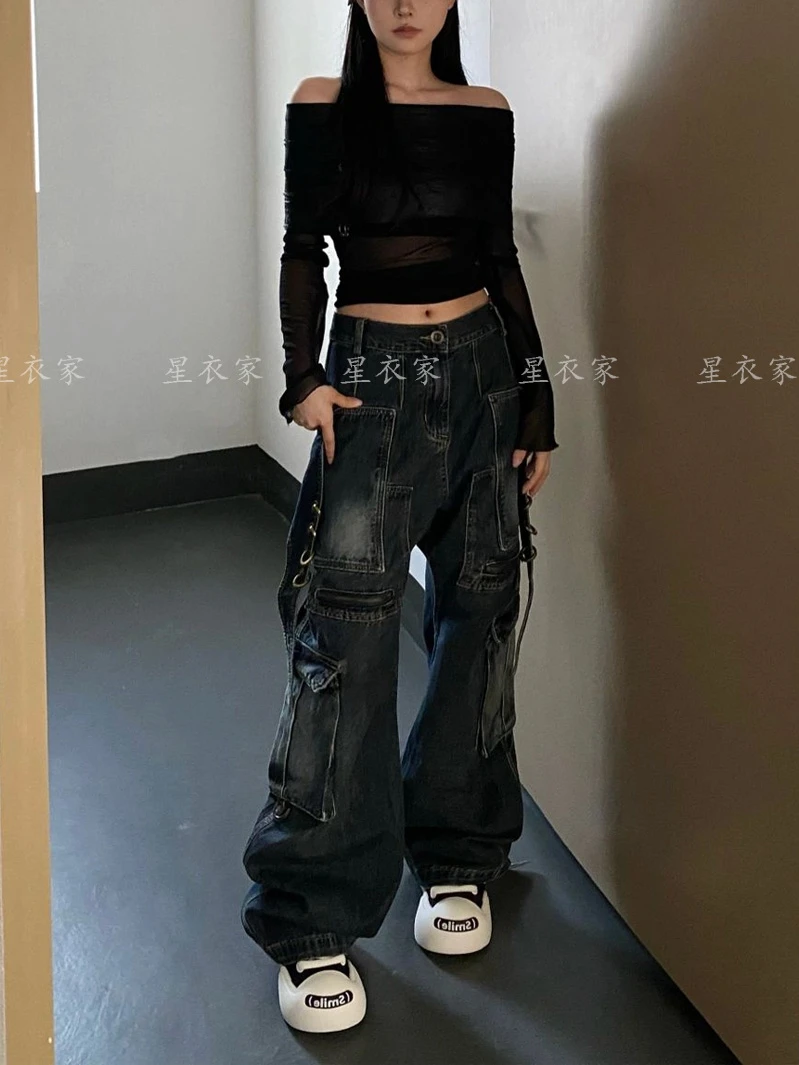 

Women's Black Y2k Cargo Jeans Harajuku Aesthetic 2000s Trashy Oversize Denim Trousers Streetwear Baggy Jean Pants Vintage