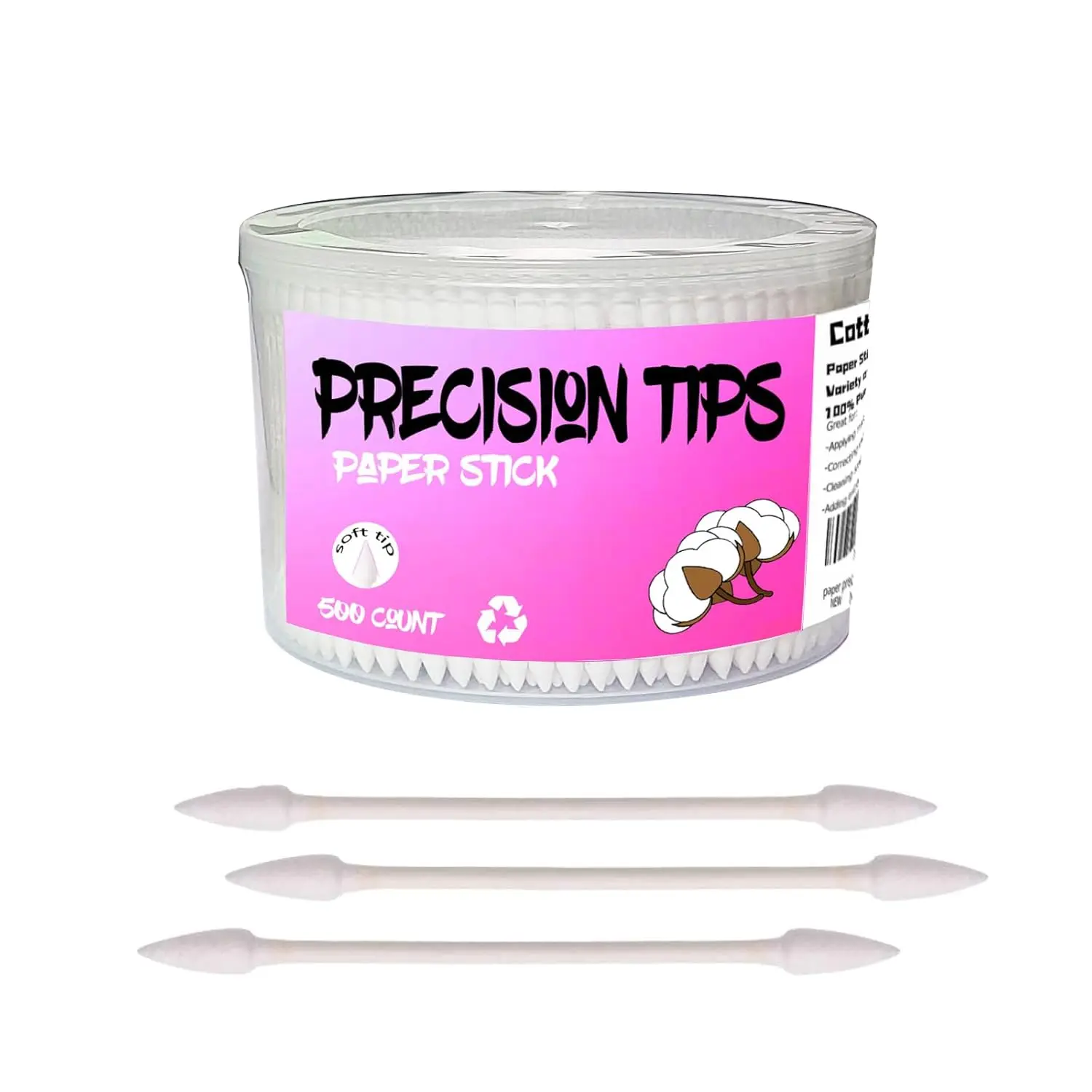 500 Count Double Precision Cotton Swabs, Pointed Tip for Personal Care & Makeup, Paper Stick