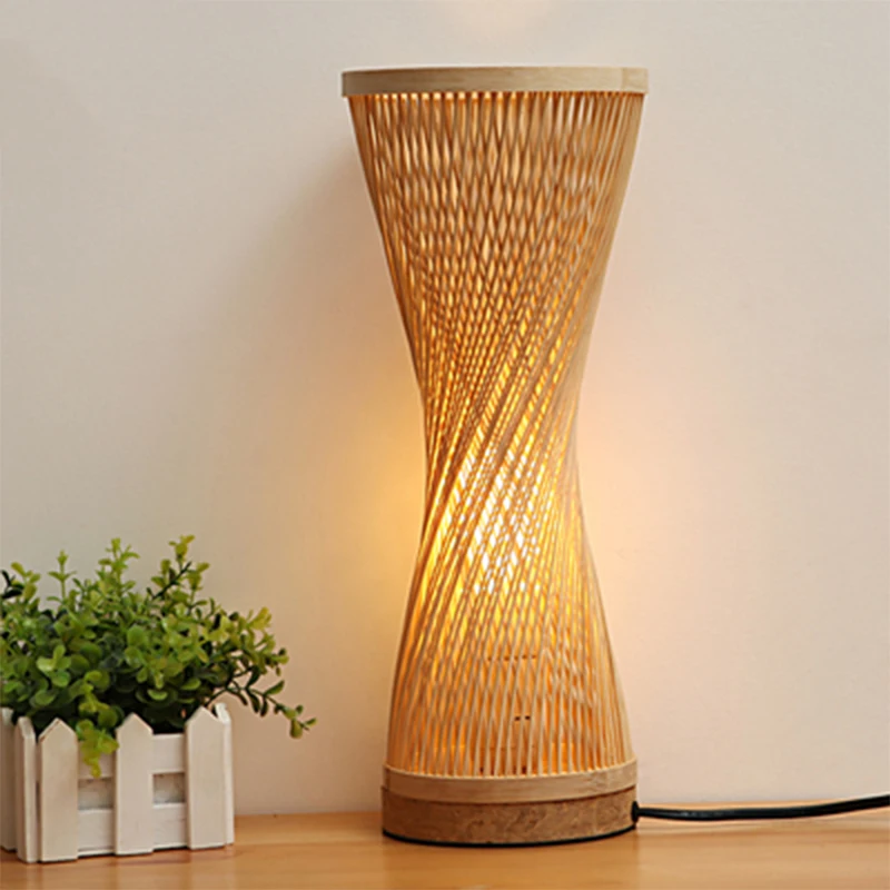 Modern Hand Knitted Weaving Bamboo Table Lamp Bedroom Bedside Lamp Wood Rattan Lampshade Room Home Decor Art Desk Light