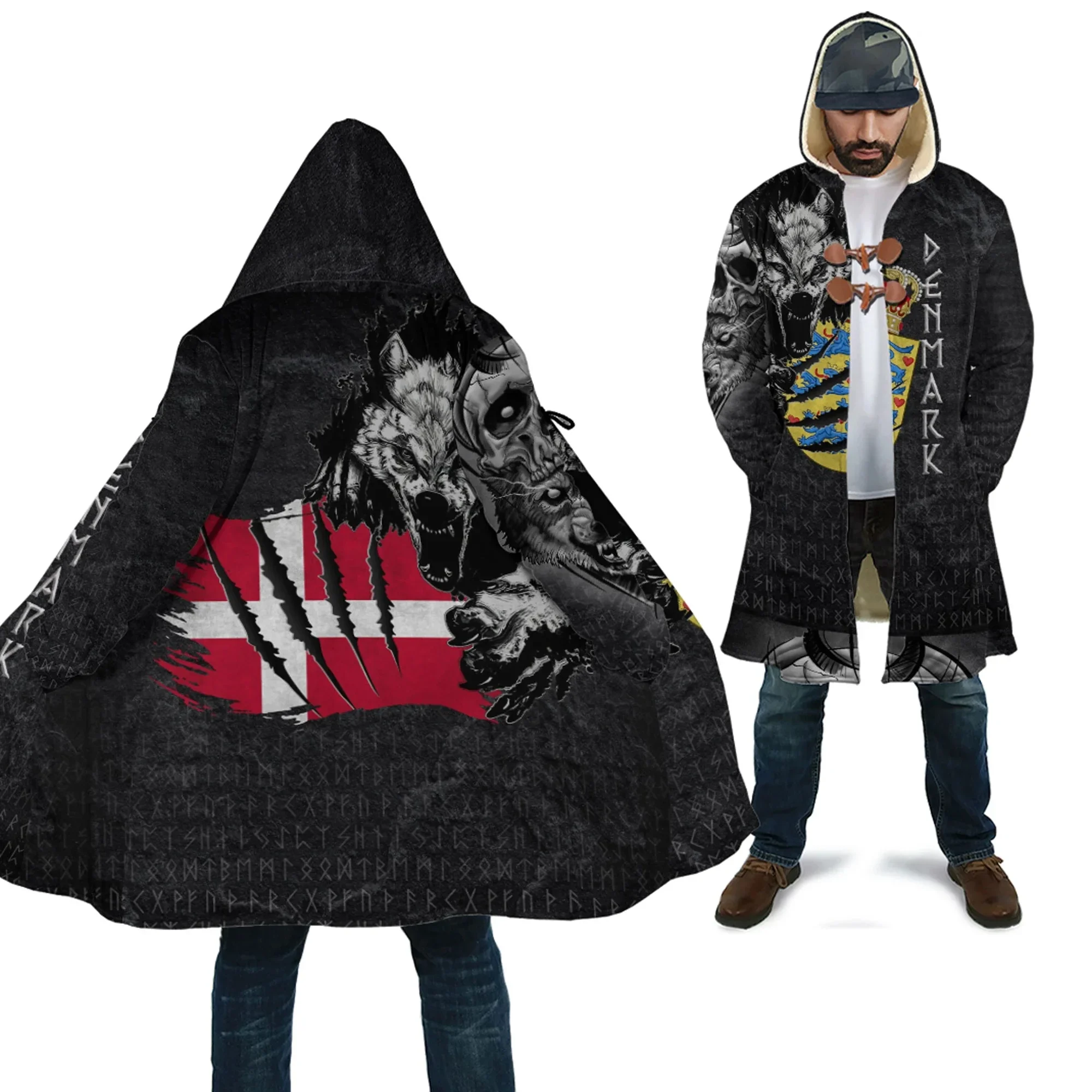 New Winter Men's Hooded Cape Warrior Tattoo 3D Printing Fashion Wool Hooded Cape Unisex Casual Thick Warm Hooded Cape Coat