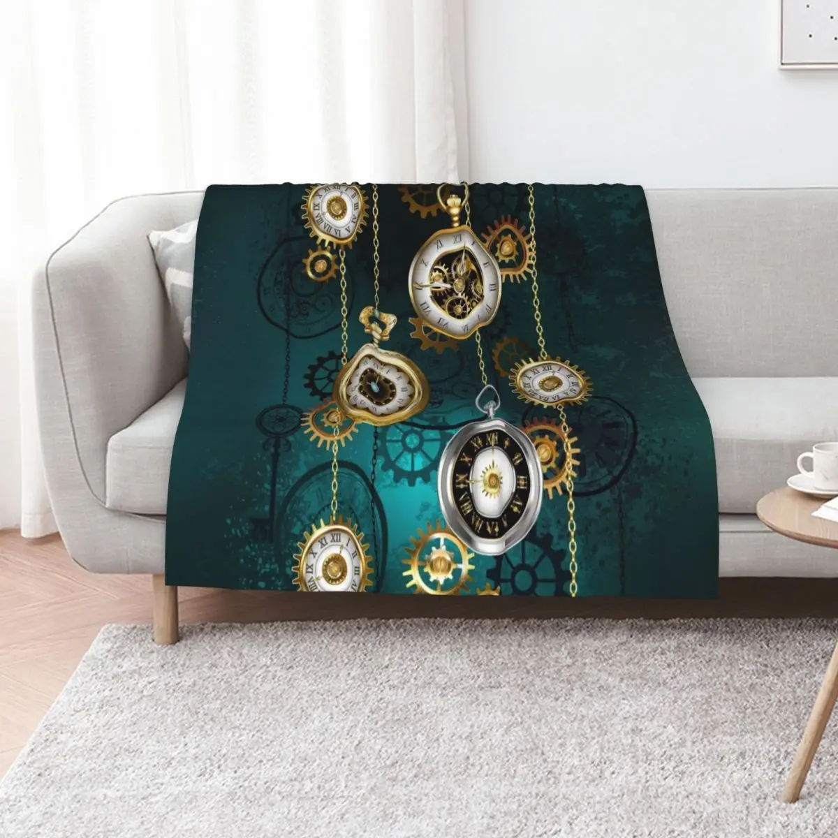 

Steampunk Watch with Chains on Green Background Throw Blanket Blankets For Baby Designers Travel Single Blankets