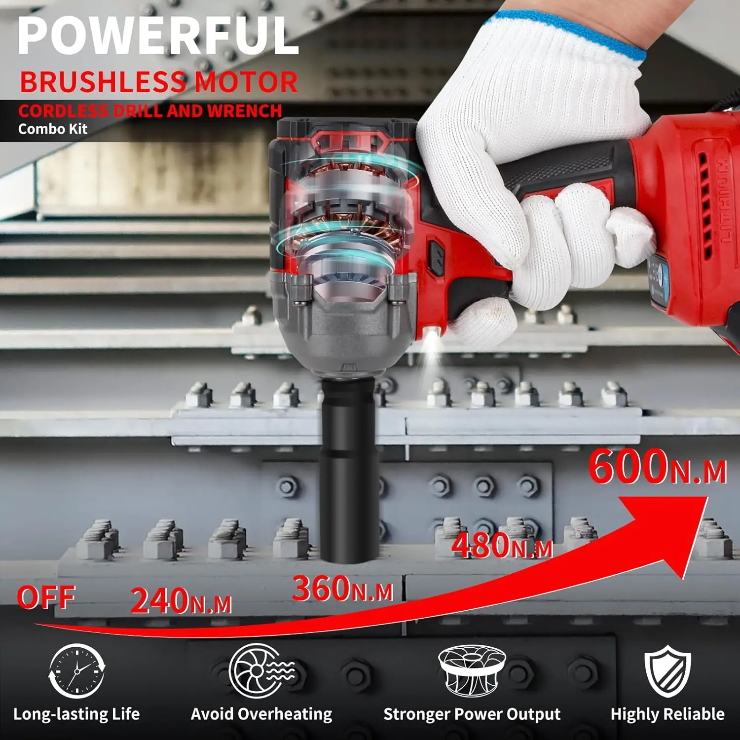 Tiktik 600N.M Compact Impact Gun,1/2 Inch Cordless Impact Wrench Set,442 Ft-Lbs Power Impact Wrench W/ 2X4.0Ah Battery & 5