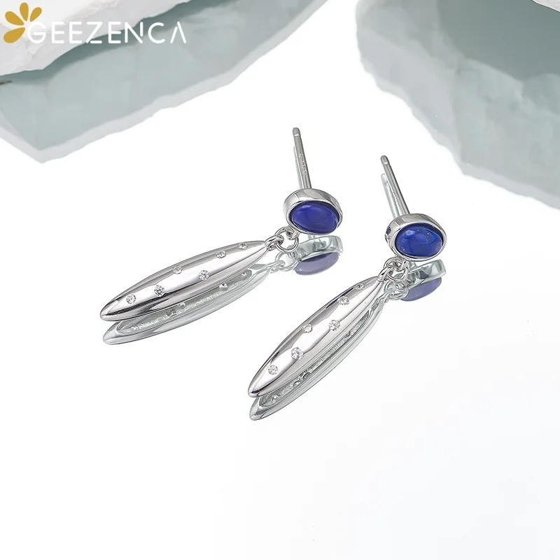 GEEZENCA 925 Sterling Silver Lapis Lazuli Long Bar Charm Dangle Drop Earrings Women CZ Simple Trendy Lightweight Earring Gift