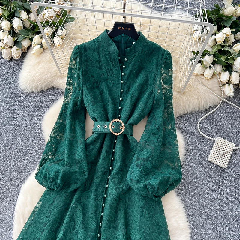 Spring Autumn High End Elegant Birthday Party Women's Dress New French Hook Flower Single Breasted Slim Lace Long Dress S89