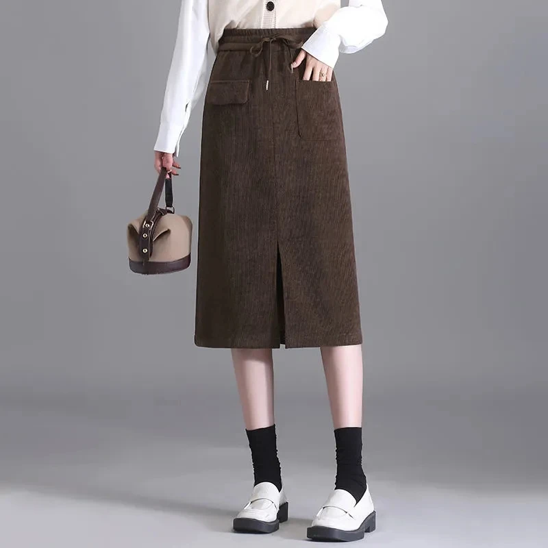 2024 New Winter Retro A-line Corduroy Skirt, Women's Clothing, Spring Autumn Drawstring Elastic High Waist Slit Wrap Skirts,