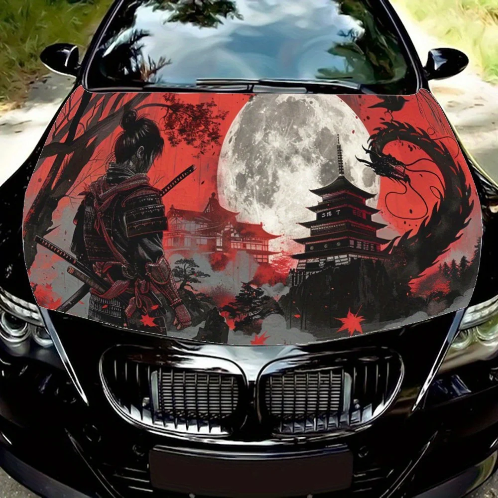 

Red Glow Samurai Shadow and Dragon Car Vinyl Wrap, PVC Waterproof Car Hood Sticker, Self-Adhesive Scratch-Resistant Stickers for