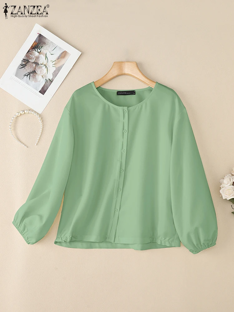 2025 ZANZEA Damskie codzienne bluzki z długim rękawem i dekoltem w serek Jesienne koszule Zapinane na guziki Eleganckie bluzki do pracy OL Damskie koszule