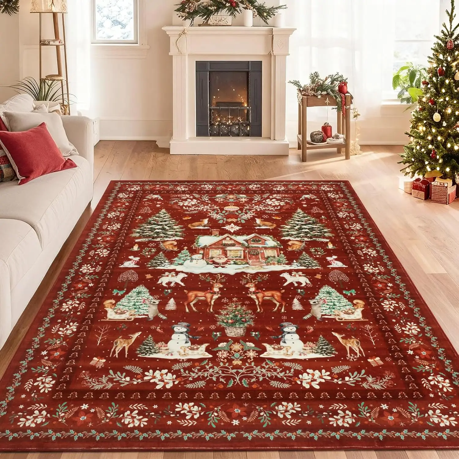 

Soft Red Xmas Tree Reindeer Washable Bedroom Rugs, Modern Floral Animal Print Holiday Area Floor Carpets for Dining Room Kids
