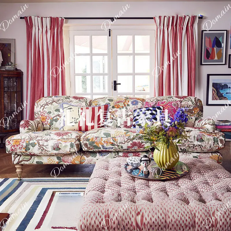 French retro printed fabric sofa living room pastoral oil painting sofa American villa three-person straight row sofa
