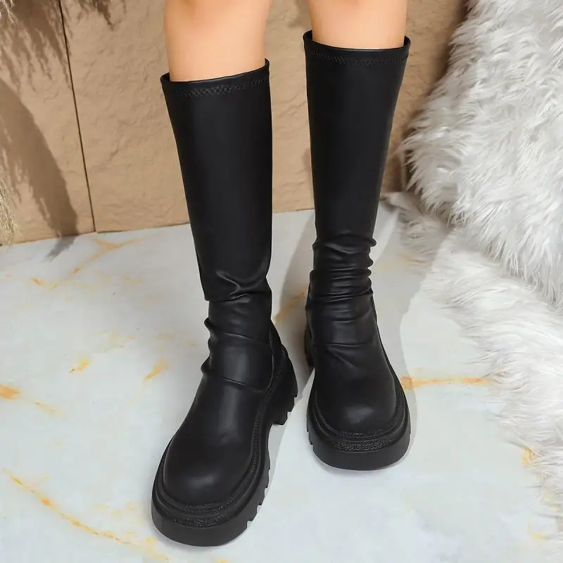Botas sexis negras con parte inferior gruesa hasta la rodilla para mujer, botas cómodas de invierno 2025, botas de montar largas elásticas con tacón grueso, zapatos de talla grande