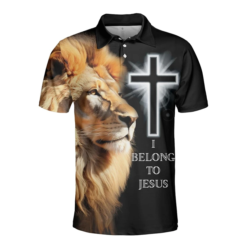 Jesus Is My Savior 3D Print Polo Shirts For Men Clothes Religion Cross Lapel POLO Shirt Casual Women Button Tops Lion Sheep Top